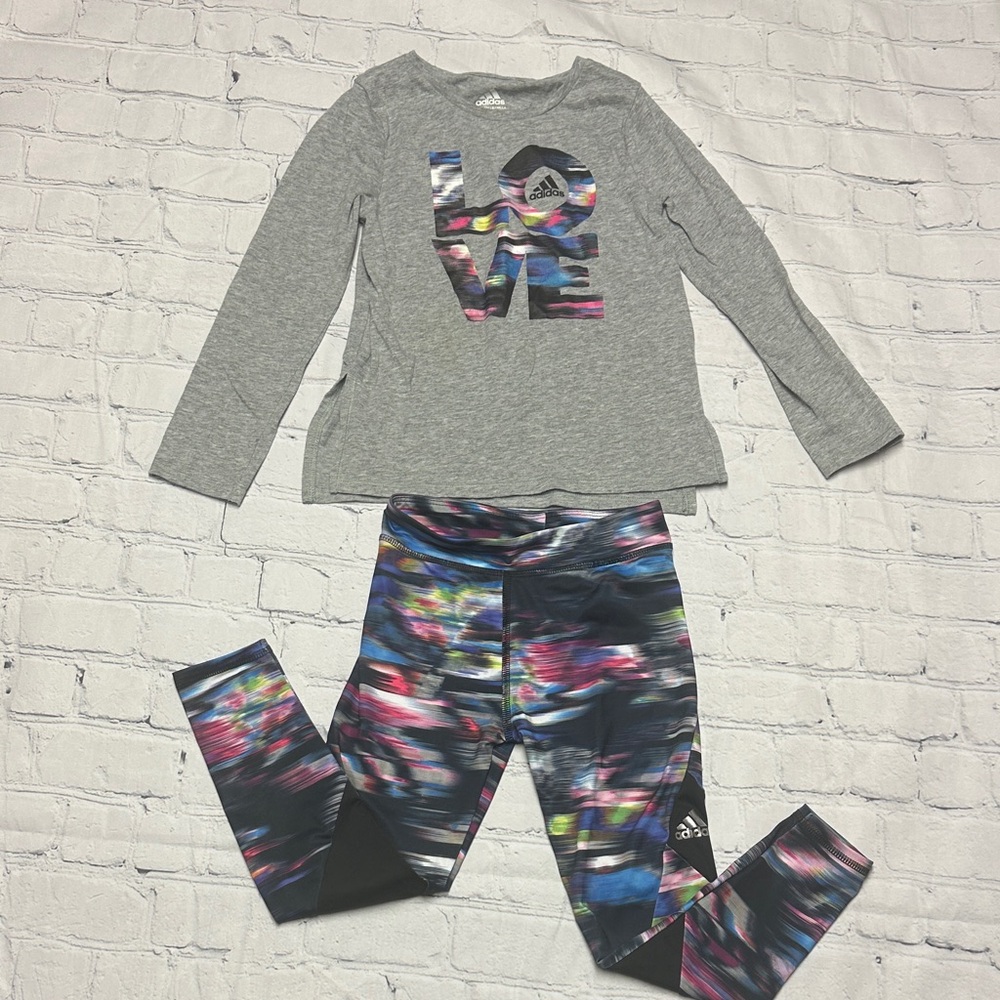 Adidas Gray Top with LOVE Graphic Long Sleeve and Vibrant Leggings Set Girls 6X